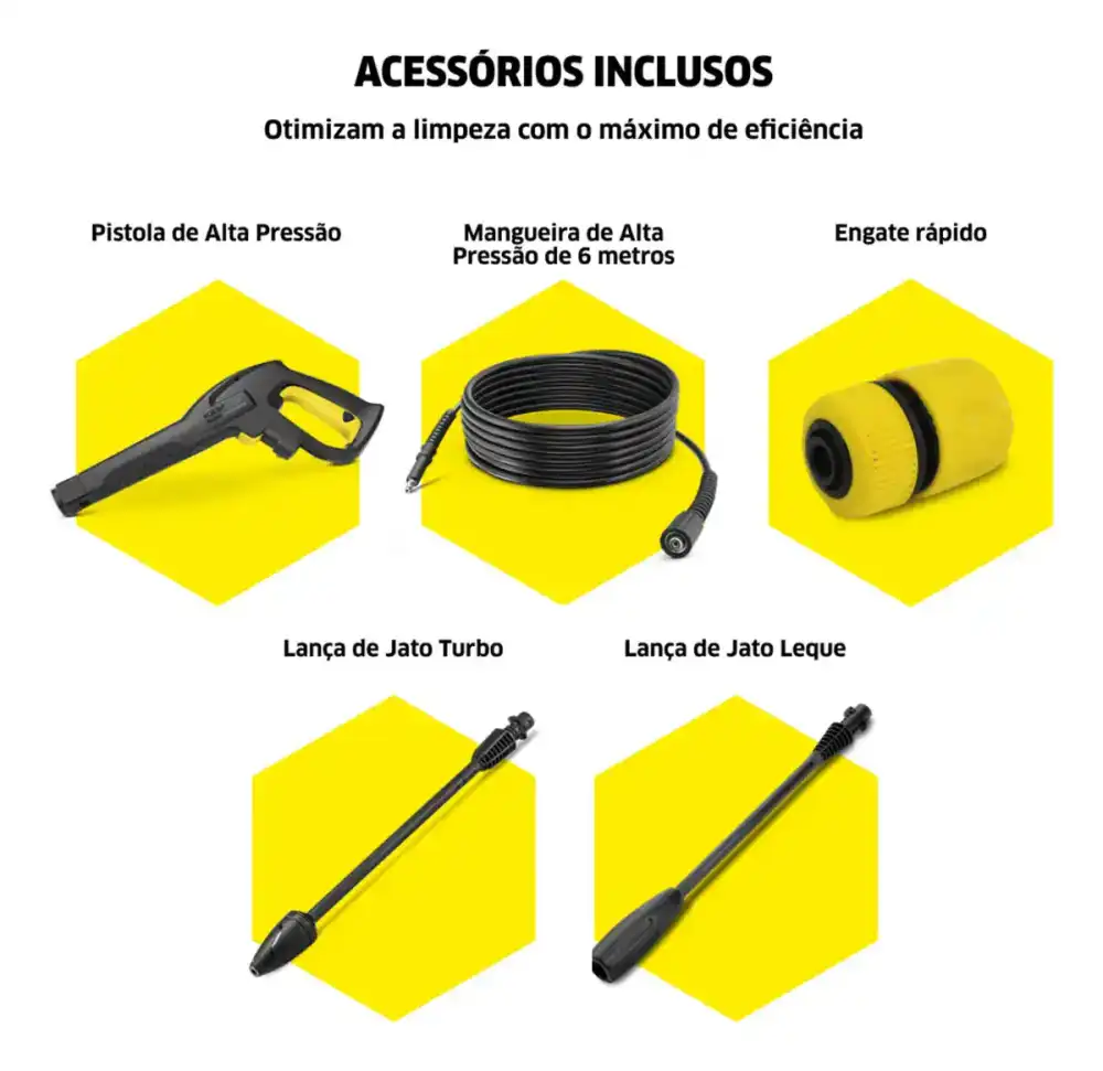 Acessórios inclusos na Kärcher K4: pistola, mangueira, engate rápido, lança turbo e lança leque (vista 6)