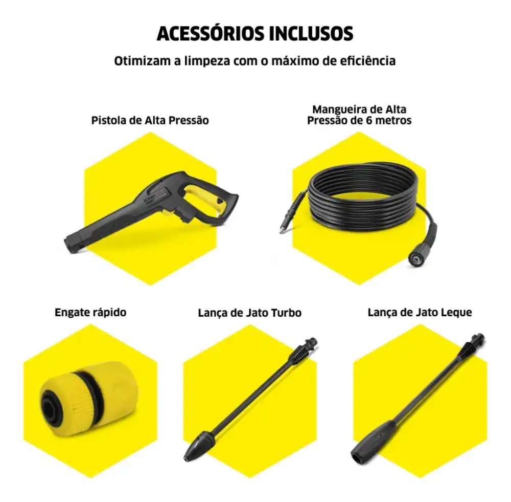 Acessórios inclusos na Kärcher K5: pistola, mangueira de 6m, engate rápido, lança turbo e lança leque (vista 5)