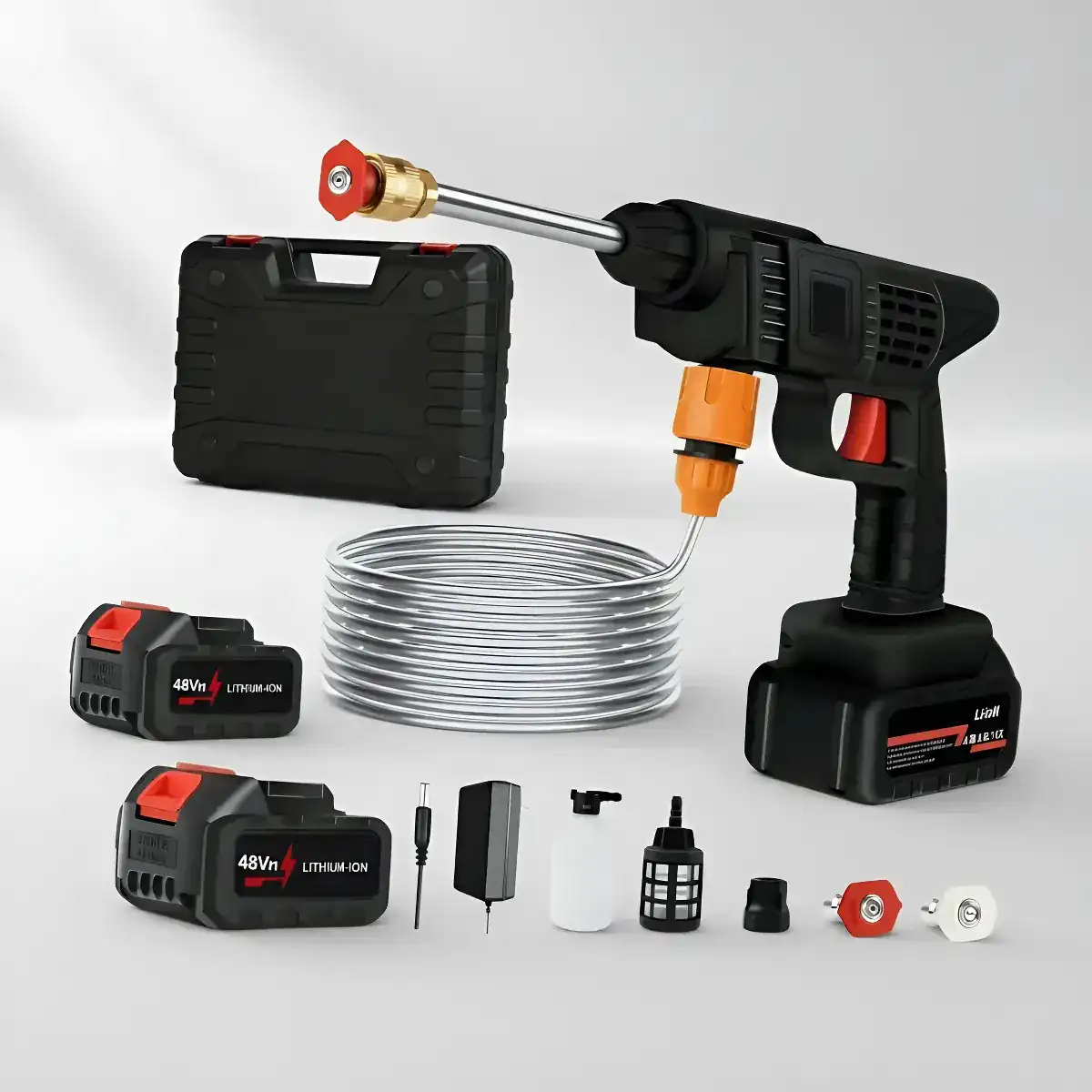 Kit completo da lavadora sem fio: 2 baterias, mangueira, maleta e bicos (vista 1)