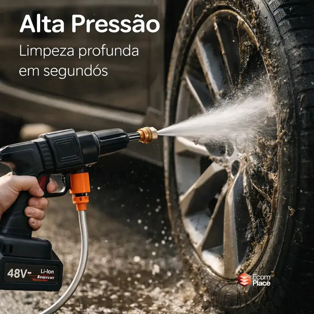 Jato de alta pressão da lavadora sem fio limpando a roda de um carro (vista 6)
