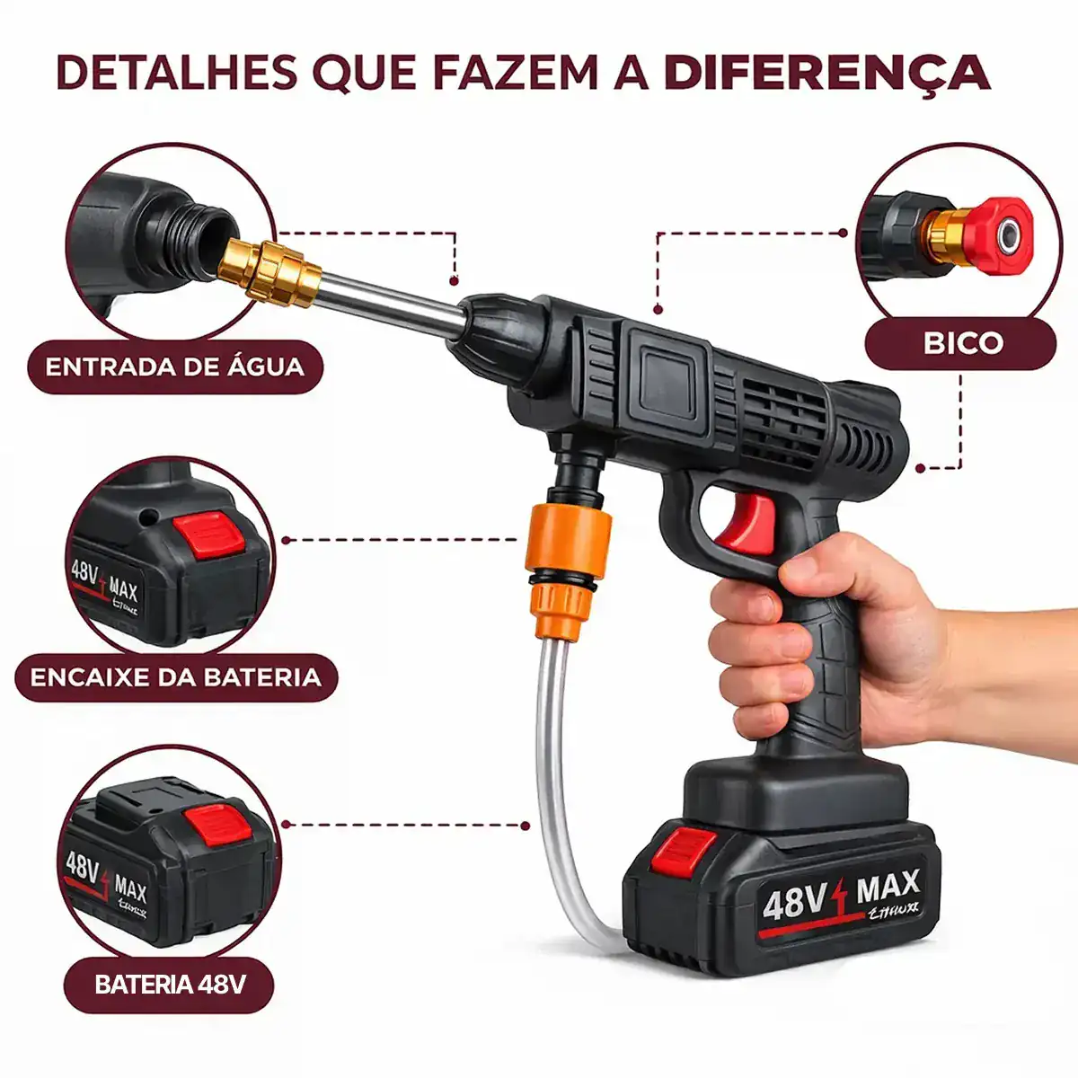 Detalhes de montagem: entrada de água, bico e encaixe da bateria (vista 2)