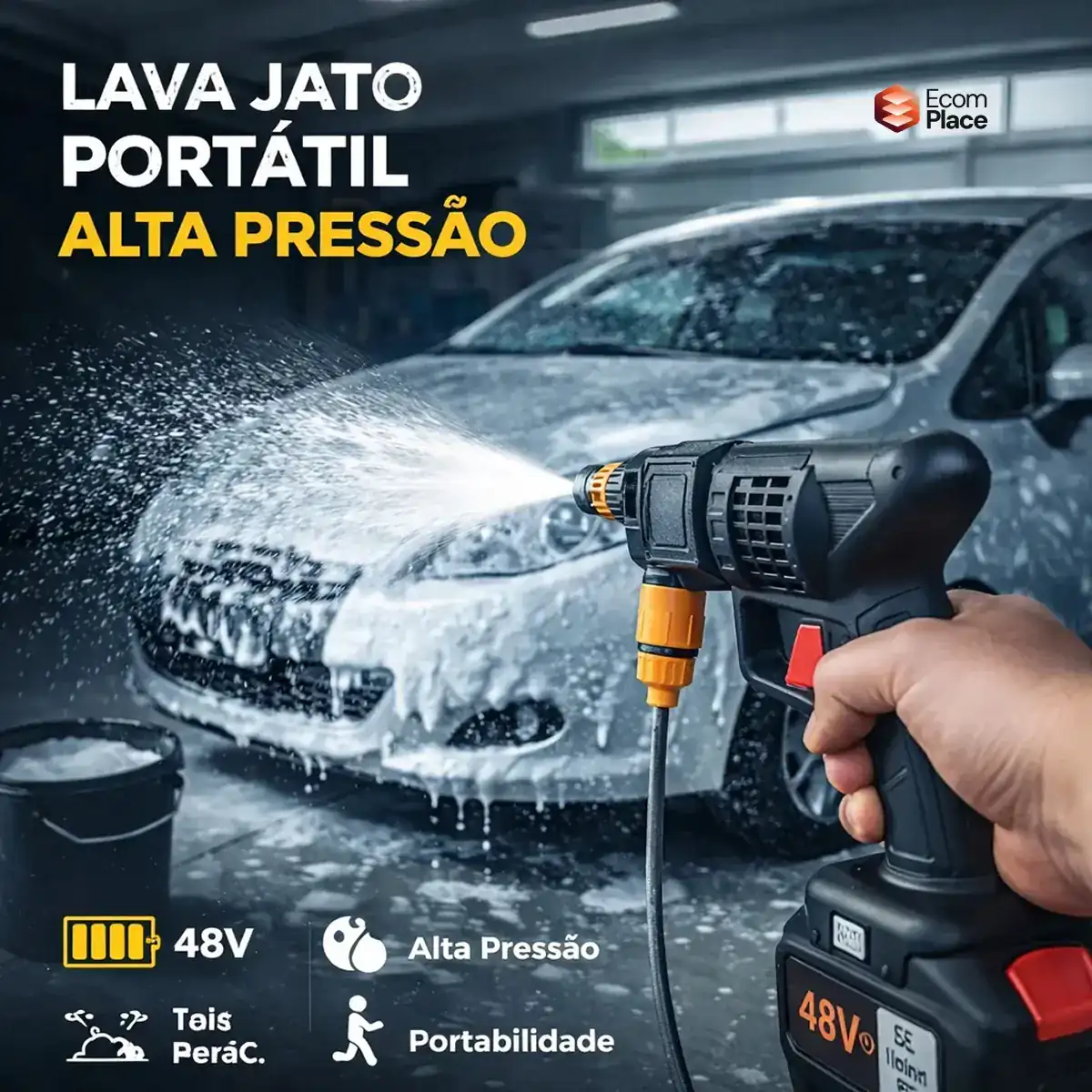 Lavadora de alta pressão sem fio portátil lavando um carro com espuma (vista 5)