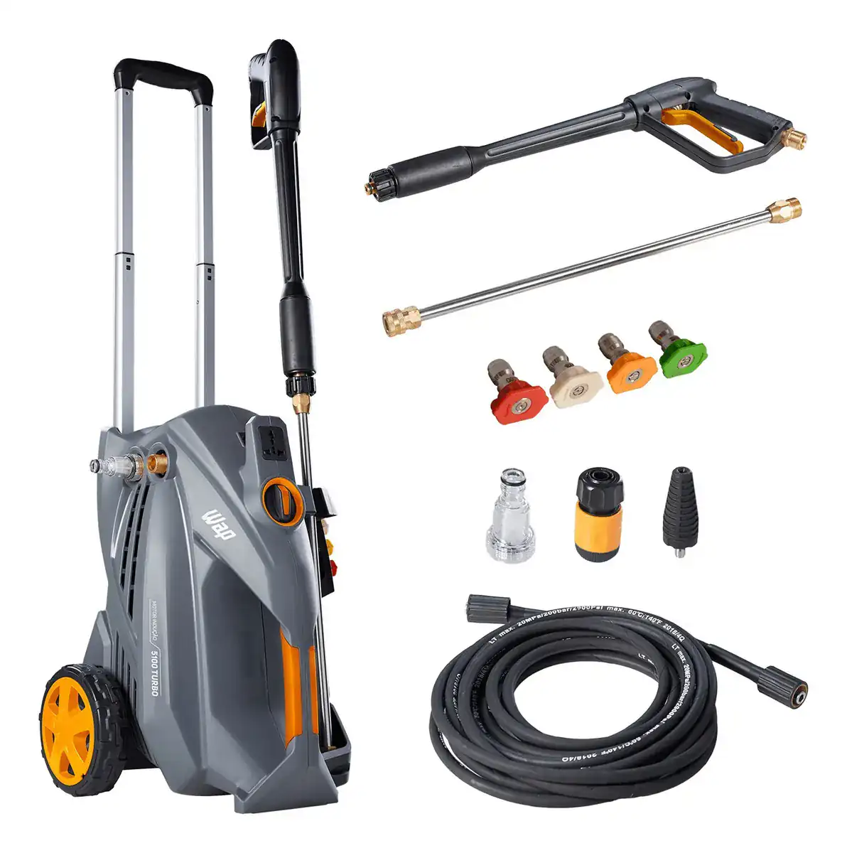 WAP 5100 Turbo lavadora de alta pressão semi-profissional com kit completo de acessórios: pistola, lança em inox, bicos de pressão e mangueira (imagem principal)